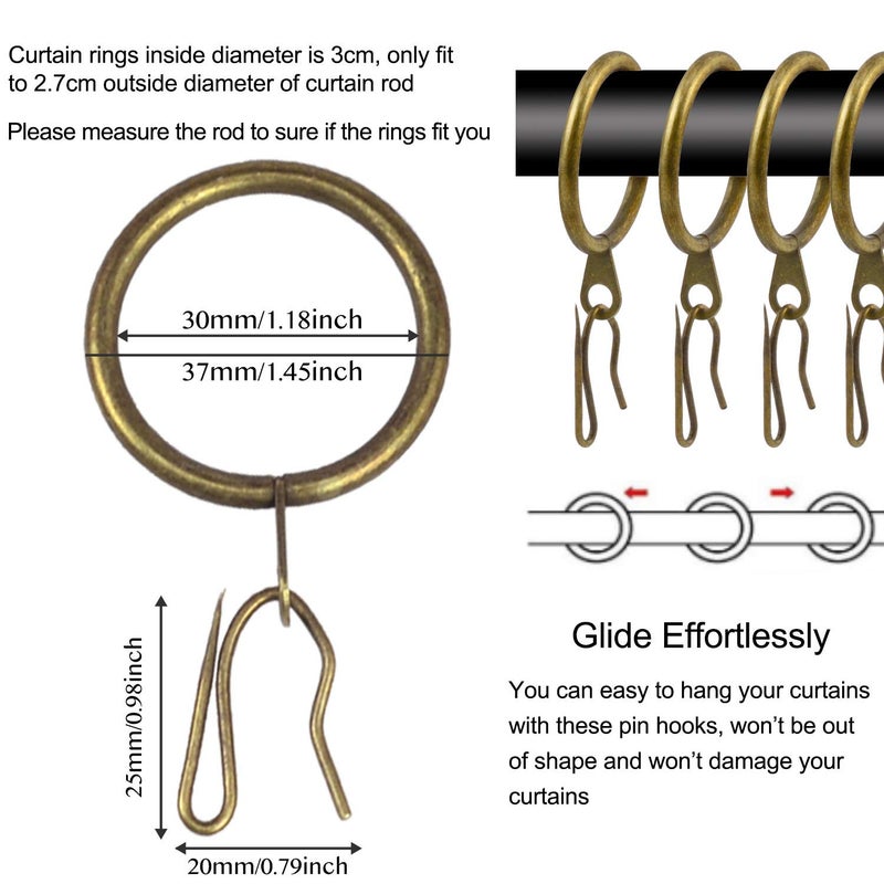 Wision 40 Pcs Metal Curtain Drapery Rings Curtain Rod Rings and 40 Pcs Metal Curtain Drapery Hooks Drapery Pins  30 mm Internal Diameter Decorative Curtain Hanging Rings for Curtain & Rods (Green Bronze) - Image 3